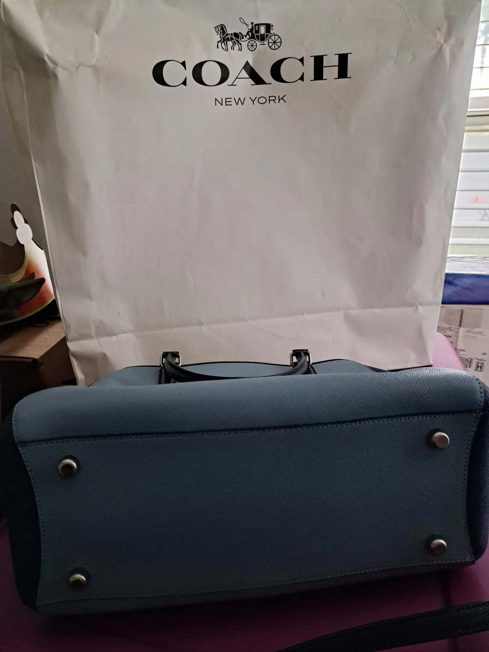 Coach‎ Margot Carryall Light Blue and Black Leather Satchel with Tag